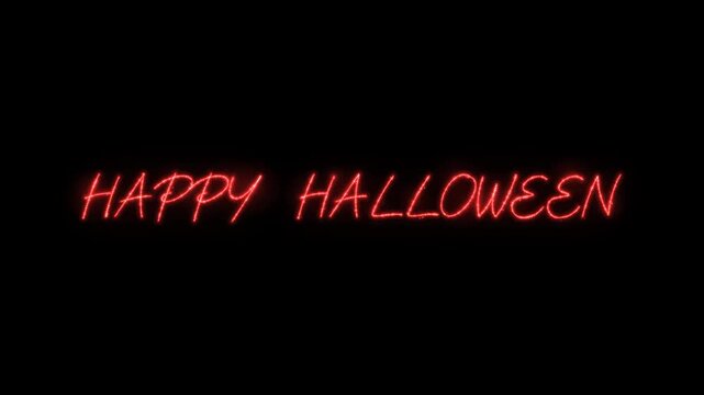 Happy halloween neon sign text animation with glowing red light effect on a black background