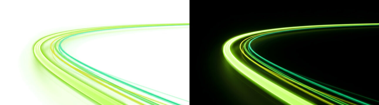 Light trail of curved green and teal neon lines with vivid glow for automotive ads in PNG, Transparent and Black Background Versions