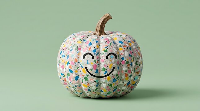 Decorative pumpkin with colorful terrazzo pattern and a happy embroidered face