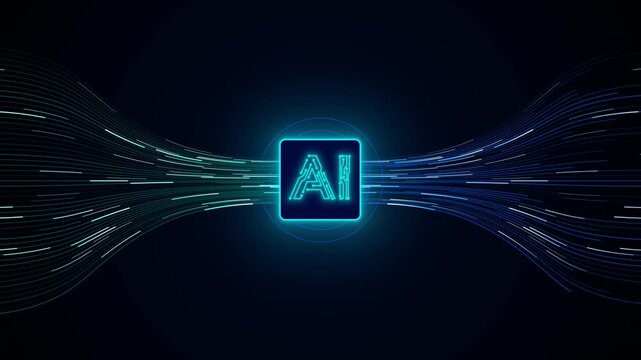 Digital data streams converging and diverging around an AI core