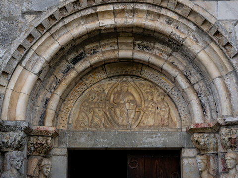 tympanum featuring Christ seated and blessing within a mandorla, Saint-Just de Valcabr&egrave;re, Romanesque-style building, Saint-Bertrand-de-Comminges, Haute-Garonne, France