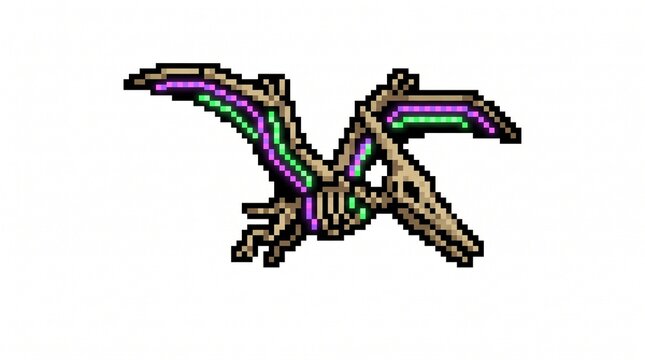8-bit pixel art of a flying Pterodactyl fossil skeleton fusion with neon lights along wings isolated on white.