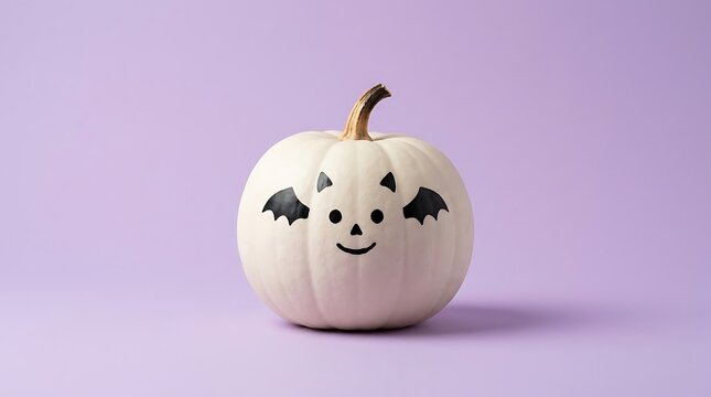 Small white pumpkin with painted black bat face isolated on light purple background