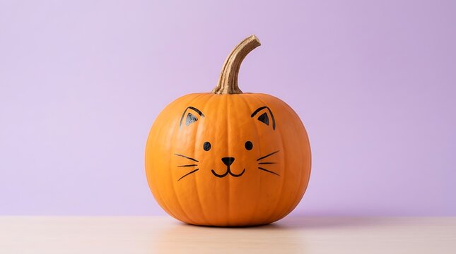 Orange pumpkin decorated with a cute hand-drawn cat face against a soft purple background
