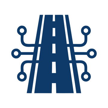 Future transportation road icon with digital circuit board lines on a white background
