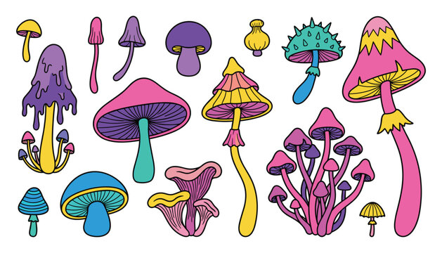 Psychedelic neon mushroom cartoon vector illustration set. Colorful magic mushrooms, trippy fungus, chanterelle, spores, and hippie bohemian elements.