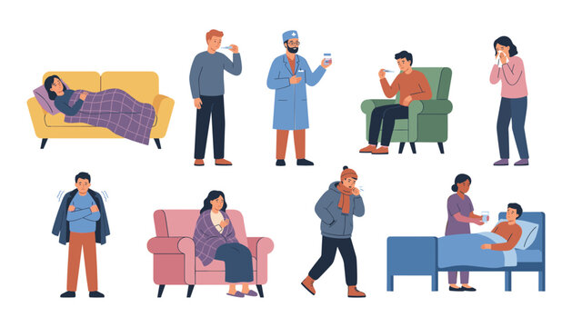 Sick people and medical healthcare flat vector characters set. Patients with flu symptoms, coughing, fever thermometer check, doctor with pills, nurse caring for bedridden man.