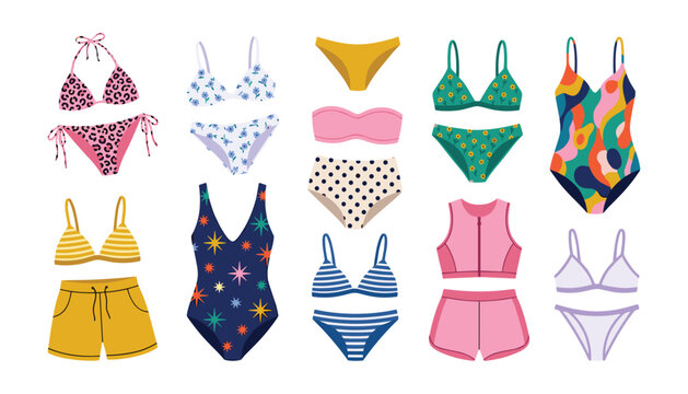 Women swimwear and summer beach fashion vector illustration set. Collection of colorful bikinis, one piece swimsuits, high waisted bottoms, striped tops, shorts and abstract patterned swim clothing.