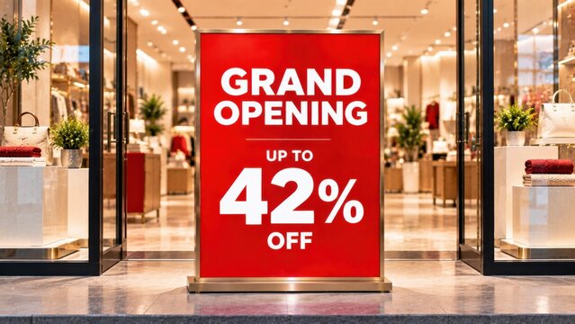 Grand opening sale sign with up to 42 percent off at store entrance welcoming new customers to shop.