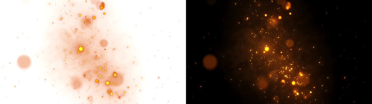 Embers of glowing orange bokeh particles floating with warm haze for fire and festive designs in PNG, Transparent and Black Background Versions
