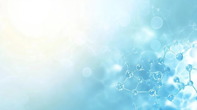 Abstract molecular structure gracefully floating amidst a bright, soft, light blue and white gradient background, science concept