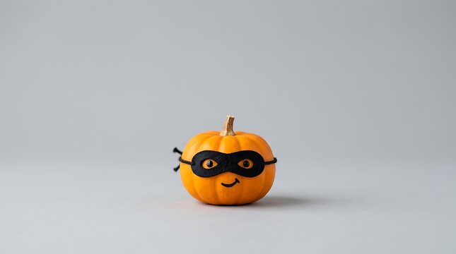 Small orange pumpkin wearing a black hero eye mask on a plain grey background with halloween