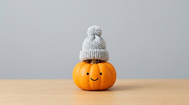 Small orange pumpkin wearing a grey knitted beanie hat sitting on a wooden surface with wooden table