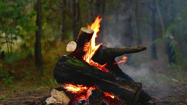 Detailed close up of a burning wooden log resting on glowing embers, producing warm orange flames, tiny crackling sparks, and soft ambient illumination deep within a dark pine tree forest