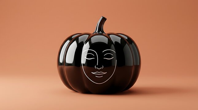 Black ceramic pumpkin with a painted white face on light brown background halloween decor seasonal