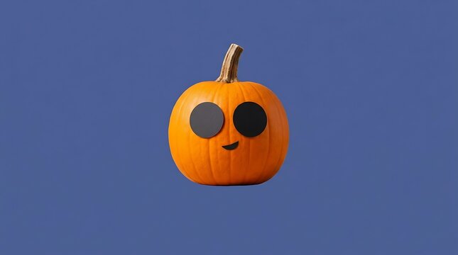 Cute orange pumpkin with large black eyes and a smiling mouth on blue background, jack o lantern