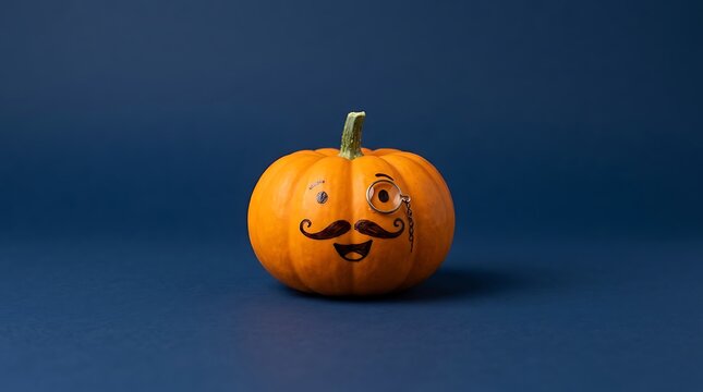 Orange pumpkin decorated with a painted mustache and monocle on blue background, jack o lantern