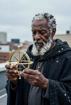 Life direction and wisdom, senior man with grey beard holding vintage brass astrolabe for navigation and future planning in an urban outdoor setting