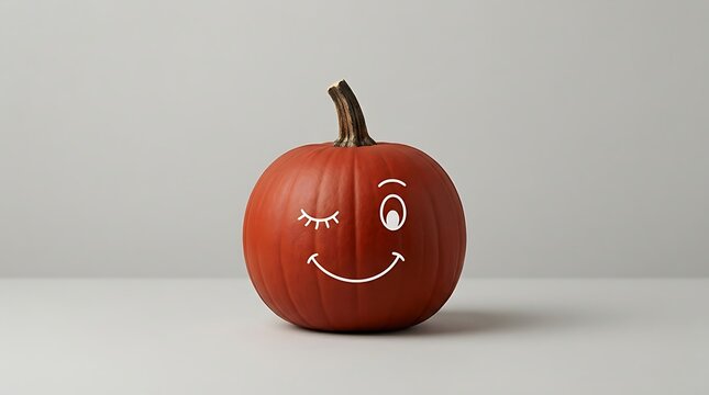 Small orange pumpkin with a hand-drawn winking smiling face halloween expression seasonal