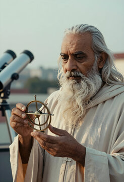 Astronomy and scientific discovery, senior man with long white beard holding an antique armillary sphere for celestial navigation and space exploration