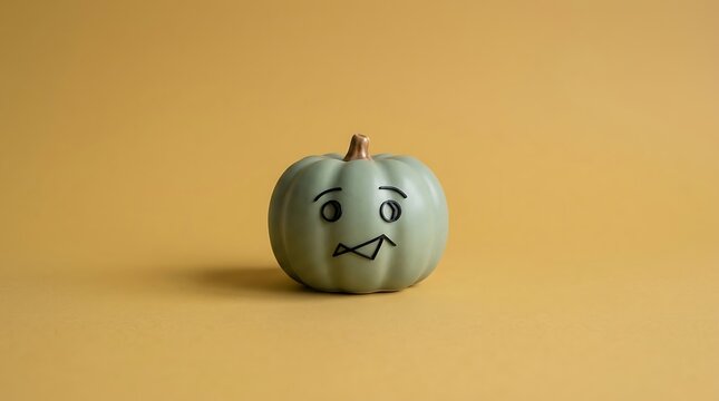 Small green decorative pumpkin with a hand-drawn anxious expression halloween decoration seasonal
