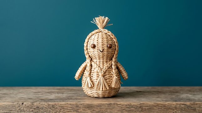 Woven rattan straw doll figurine sitting on a wooden surface with figurine handmade decoration
