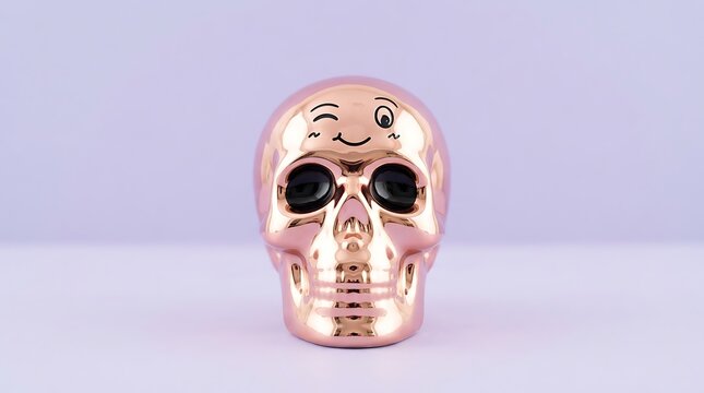 Rose gold skull figurine with a winking face drawing isolated on a pastel background