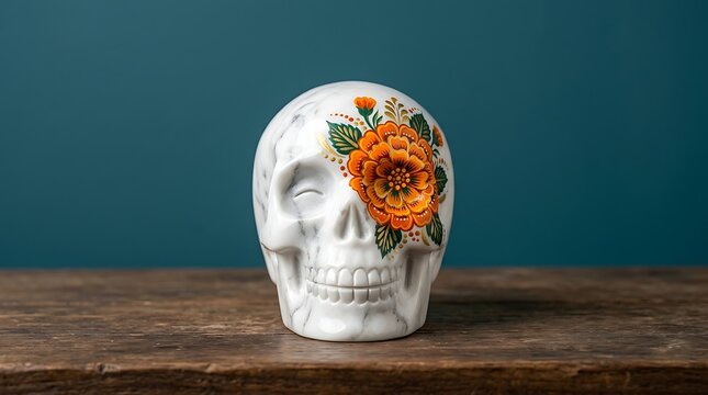 White decorative human skull with floral eye detail on a dark background flower eye day of dead