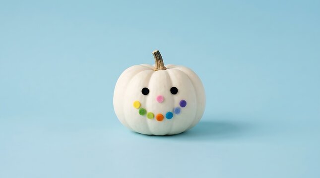 White pumpkin decorated with a colorful rainbow dotted smile on a blue background