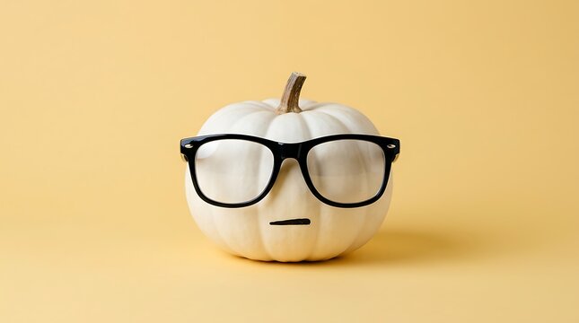 White pumpkin wearing black-rimmed glasses on a yellow background with smart pumpkin