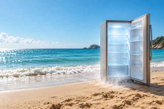 Open empty refrigerator standing on sunny sandy beach at sea waves with cold mist, surreal summer heat