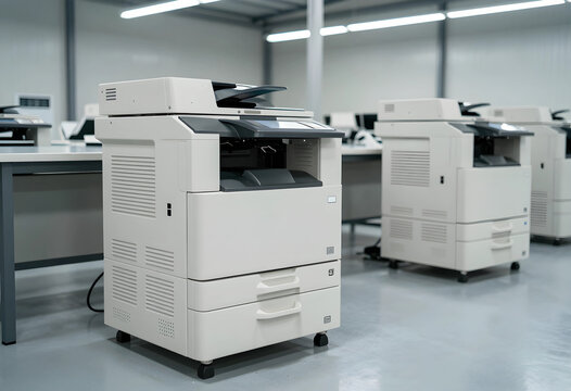 Office productivity and document management, industrial multifunction printers in a corporate workspace for high volume printing and business operations