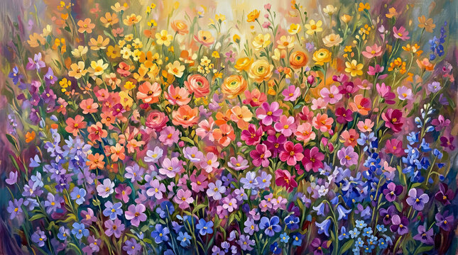 Impressionist oil painting of a summer flower garden in bloom with floral background