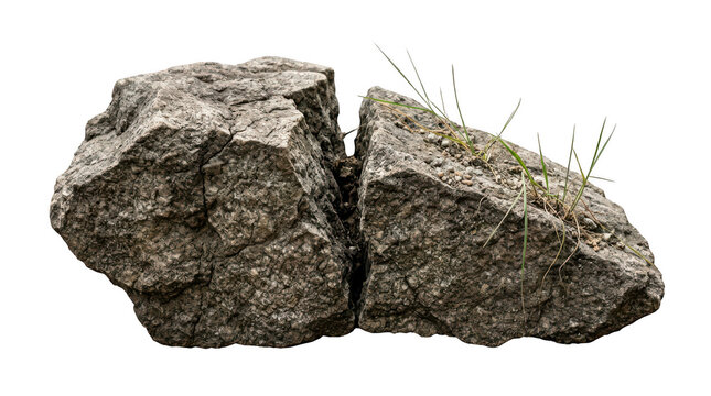 A single large grey split granite rock with green grass isolated on white background transparent background
