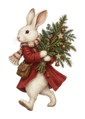 Obraz premium PNG Whimsical Christmas rabbit carrying a decorated evergreen tree