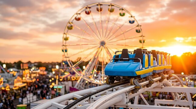 Thrilling roller coaster ride adventure under a golden sunset glow at a busy fairground featuring a towering observation wheel while crowds enjoy summer festival fun activities across the park