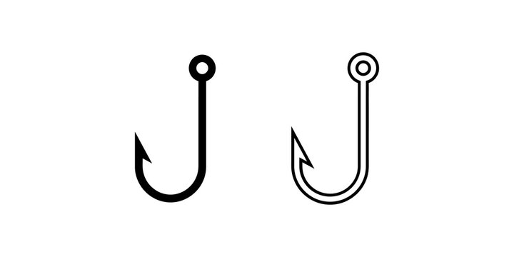 Fish hook icons in solid and linear black styles for fishing gear and marine hobby designs.
