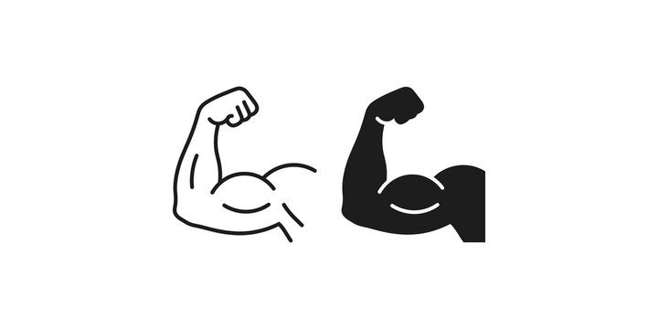 Bicep muscle arm icons in outline and filled black styles for fitness health and training branding.