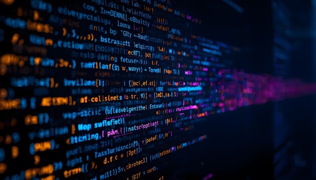 Abstract computer code displayed on a dark digital screen