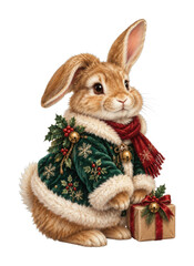 Obraz premium PNG Cute Christmas rabbit in festive coat holding wrapped gift