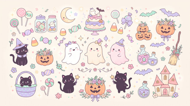 Cute Halloween Seamless Pattern with Ghost Pumpkin Cake and Black Cat Background