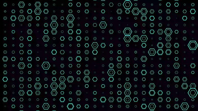 Abstract digital background with glowing cyan blue hexagonal shapes of varying sizes arranged in a grid pattern on black background. hexagons geometric grid cyan glowing blue square pixels. 4K video