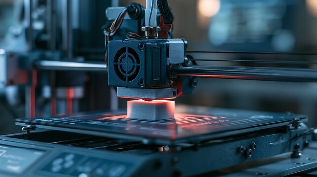 Close-up of a 3D printer nozzle heating and creating a plastic object, isolated on transparent background. Future technology concept for manufacturing.