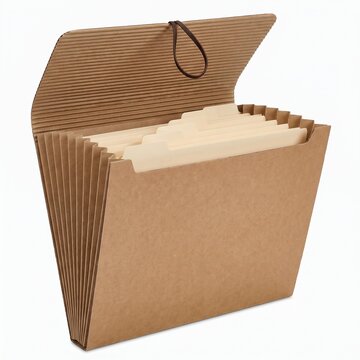 An open brown cardboard accordion file folder with multiple manila folders inside. 