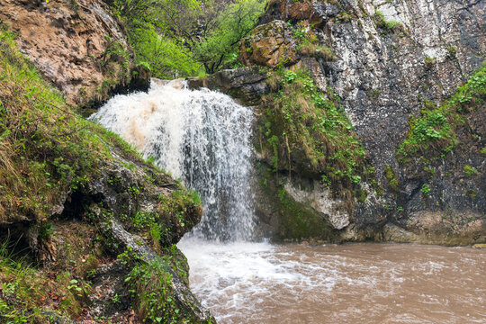 Honey waterfalls on a summer day. This is a group of waterfalls on the Alikonovka and Echki-Bash rivers in Karachay-Cherkessia. Natural landscape photography