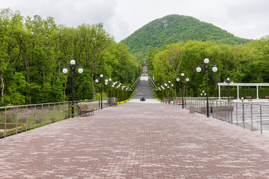 The Cascade Staircase goes up, perspective view on a daytime, Zheleznovodsk, Russia