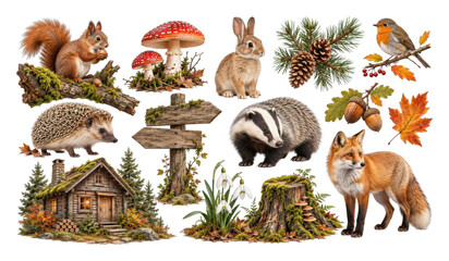 Obraz premium PNG Forest wildlife collage featuring woodland animals, plants, and cabin