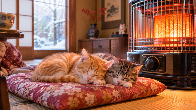 Two Kittens Sleeping on a Cushion in a Cozy Japanese Room by a Heater