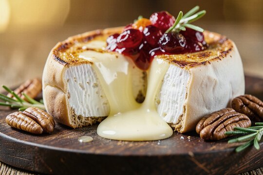 Warm Baked Brie Wheel with Cranberry Compote and Pecans on Rustic Wood