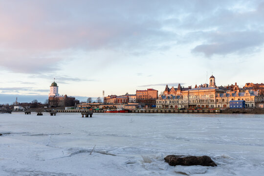 Vyborg old town, seaside view of Seaport, Vyborg Castle is on the background on the left side